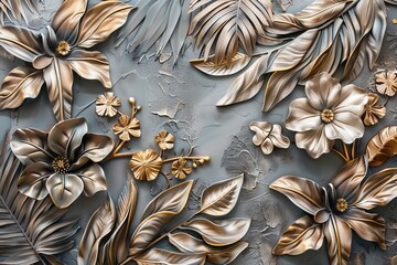 An intricate painting of tropical leaves and vibrant flowers on volumetric stucco.