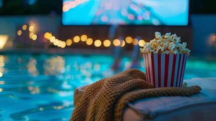 An inviting poolside movie night, complete with a projector screen