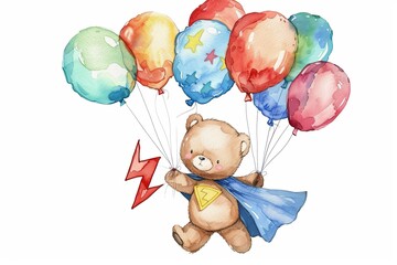 Sticker - A teddy bear is flying through the air with balloons and a cape on