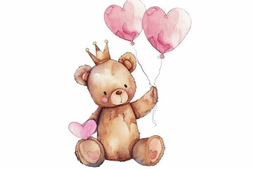 Sticker - A teddy bear is holding two pink balloons and a crown