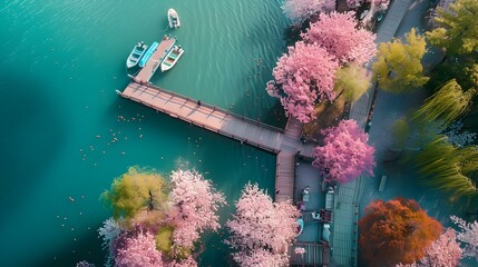 Wall Mural - Pier on a lake with flowering trees img