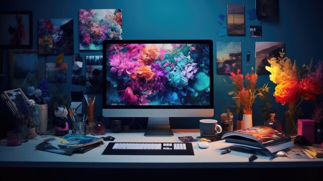 A modern desk workspace with colorful abstract artwork displayed on a computer screen and a wall behind it.