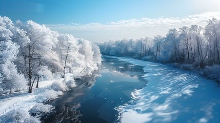 Wall Mural - A winter forest with a river picture