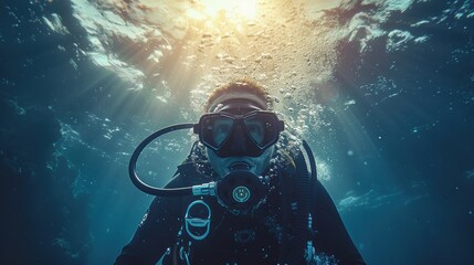 Wall Mural - A mesmerizing underwater scene of a scuba diver swimming through sunlit water, capturing the adventure and beauty of ocean exploration