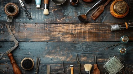 Vintage Barber Shop Tools on Rustic Wooden Background