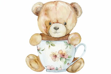 Poster - A teddy bear is sitting in a cup with flowers on it