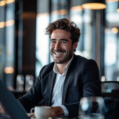 Wall Mural - Happy businessman face closeup, a liar businessman rejoices at deception of his partners, smiling