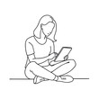 © Dream House - A woman sitting on the ground with notepad vector line art illustration