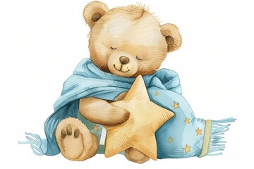 Sticker - A teddy bear is holding a star and is wearing a blue blanket