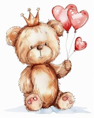 Poster - A teddy bear is holding two red balloons and a crown