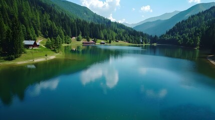 Poster - Mountain lake in summer with crystal clear water image