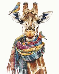 Wall Mural - A giraffe is wearing a scarf and standing next to a bird