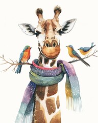 Canvas Print - A giraffe is wearing a scarf and standing next to two birds