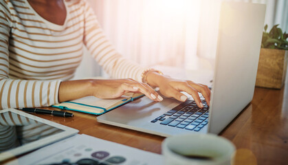 Poster - Hands, laptop and remote work with person in home office for freelance or startup business. Computer, keyboard and report with entrepreneur in apartment for administration, email or research closeup
