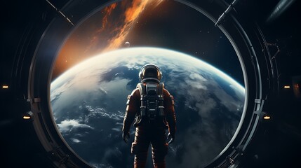 Wall Mural - an astronaut is looking at the earth through space ship window