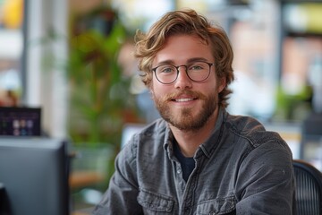 Wall Mural - A young, bearded man with glasses and casual attire smiles warmly while sitting in a modern and brightly-lit office environment