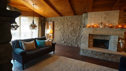 Poster - Cozy Living Room With Stone Fireplace Generative AI