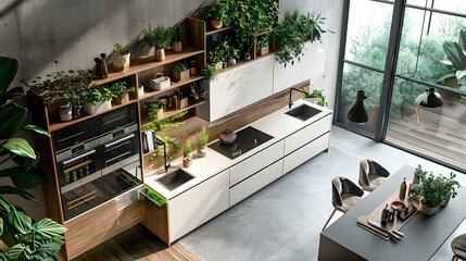 Wall Mural - Modern kitchen with wooden elements and green picture