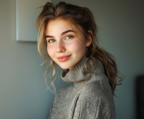 Wall Mural - Woman Smiling in a Knitted Sweater