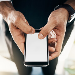 Aufkleber - Screen, hands and typing with cellphone, display and pre approved loan for small business, email and application in website. Online, mockup and person in cafe, owner and plan for launch of startup