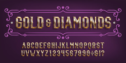 Poster - Gold And Diamonds alphabet font. 3d golden letters and numbers with diamond inlays. Stock vector typeface for your design.