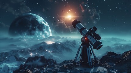 Wall Mural - telescope on mountain top with giant moon and clouds in background ai generated