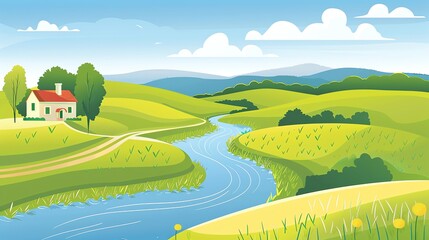 Wall Mural - A cartoon illustration of a countryside landscape with a house, hills, and a river.