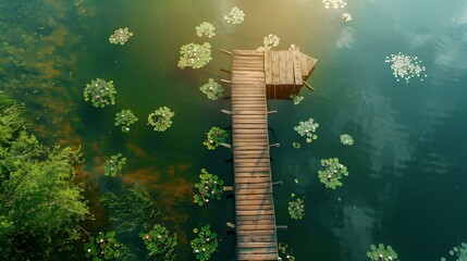 Poster - A pier on a lake with blooming lilies picture