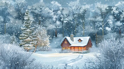 Canvas Print - A cozy cabin in the woods on a snowy day.