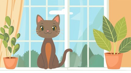 Sticker - A cartoon cat sitting on a windowsill with plants.