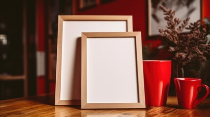 Canvas Print - Blank photo frames on table.