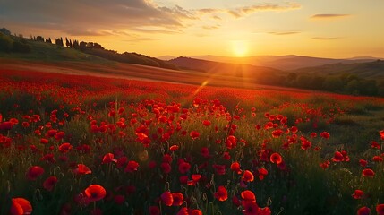 Wall Mural - A field of poppies at sunset image