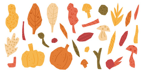 Set of cut out paper autumn shapes featuring leaves, pumpkins, mushrooms, and twigs in warm fall colors. Vector hand drawn flat illustration isolated on white background.