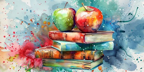 Wall Mural - Colorful Watercolor Teachers' Day Card with Apples and Books