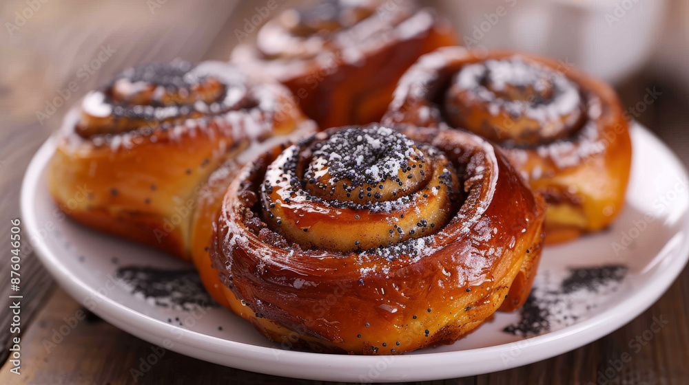 Try delicious cinnamon rolls with poppy seeds on a plate. These Danish ...