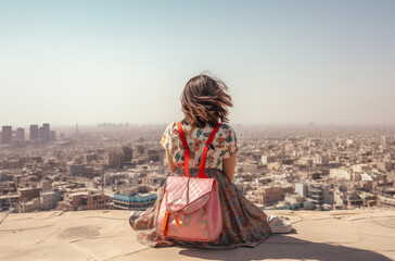 Woman sitting on a high ledge with a pink backpack, gazing over a sprawling cityscape in the distance