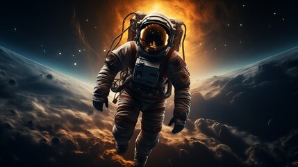 Wall Mural - an astronaut drifts through space surrounded by clouds