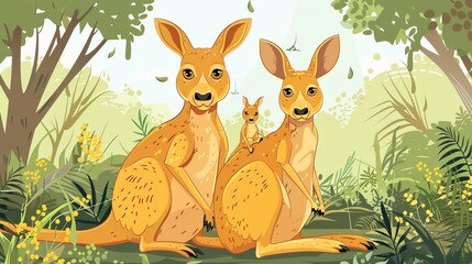 Poster - A cartoon of a kangaroo family in a forest.