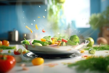 Wall Mural - Vegetables falling into frying pan.