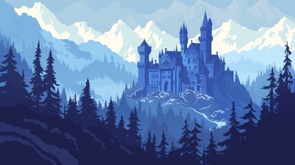 Poster - A majestic castle sits on a hilltop in a snowy mountain range, with a river flowing in the foreground.