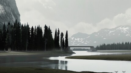 Wall Mural - A bridge spans a calm river, surrounded by trees and snow-capped mountains