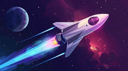 Wall Mural - a cartoon rocket ship blasts off into space, leaving a blue trail behind it.