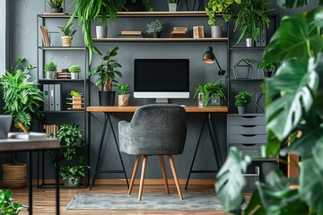 Wall Mural - Dark open space living room interior with metal rack, grey armchair and plants in the background and study corner hairpin desk, books and empty monitor in the foreground