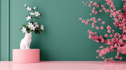 Sticker - Bright color with a 3D geometric podium mockup and natural tree leaves and flower elements, perfect for creating modern, nature-inspired presentations Clean and Clear Color, Realistic Photo, ,