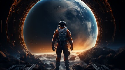 Wall Mural - an astronaut is positioned before a planet in the vastness of space
