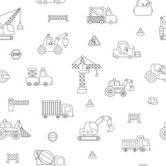 Wall Mural - Vector black and white special transport seamless pattern. Construction site, road work, building transport line repeat background with bulldozer, tractor, truck. Digital paper with vehicles.