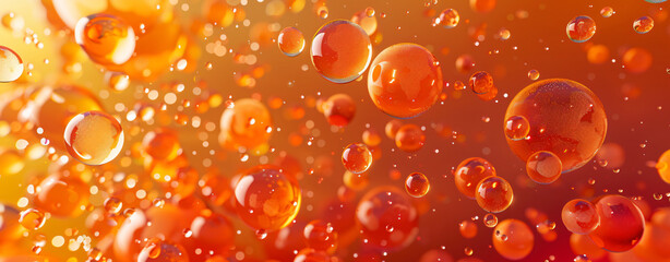 Poster - Abstract background with red and orange bubbles, bubbles on the surface of oil or water in shades of yellow and amber. The texture is like an abstract wallpaper for design.