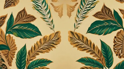 Poster - Green And Gold Tropical Leaf Pattern Generative AI