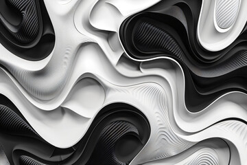 Poster - Abstract background with wavy shapes in black and white colors, monochrome, 3D render. Shapes are in the style of 3D render.


