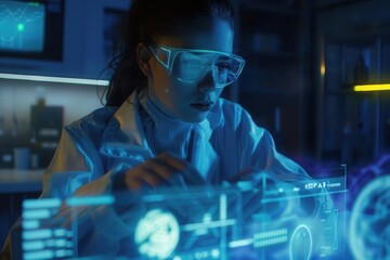 Wall Mural - futuristic female scientist in dimly lit lab interacting with holographic data glowing augmented reality interface advanced tech aesthetics mysterious ambiance with cool blue and neon accents